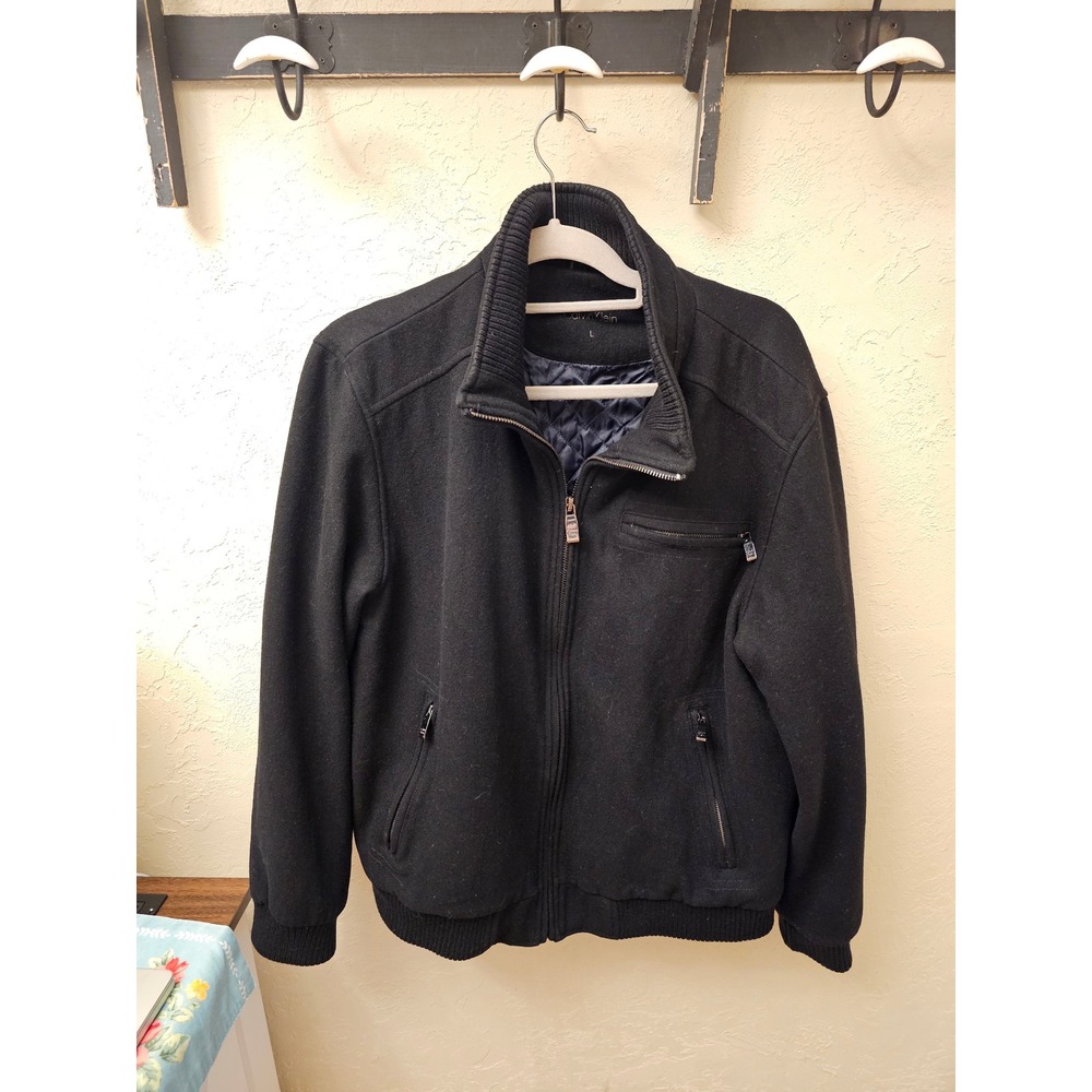 Calvin Klein Mens Black Wool Blend Quilted Lined Bomber Jacket Large